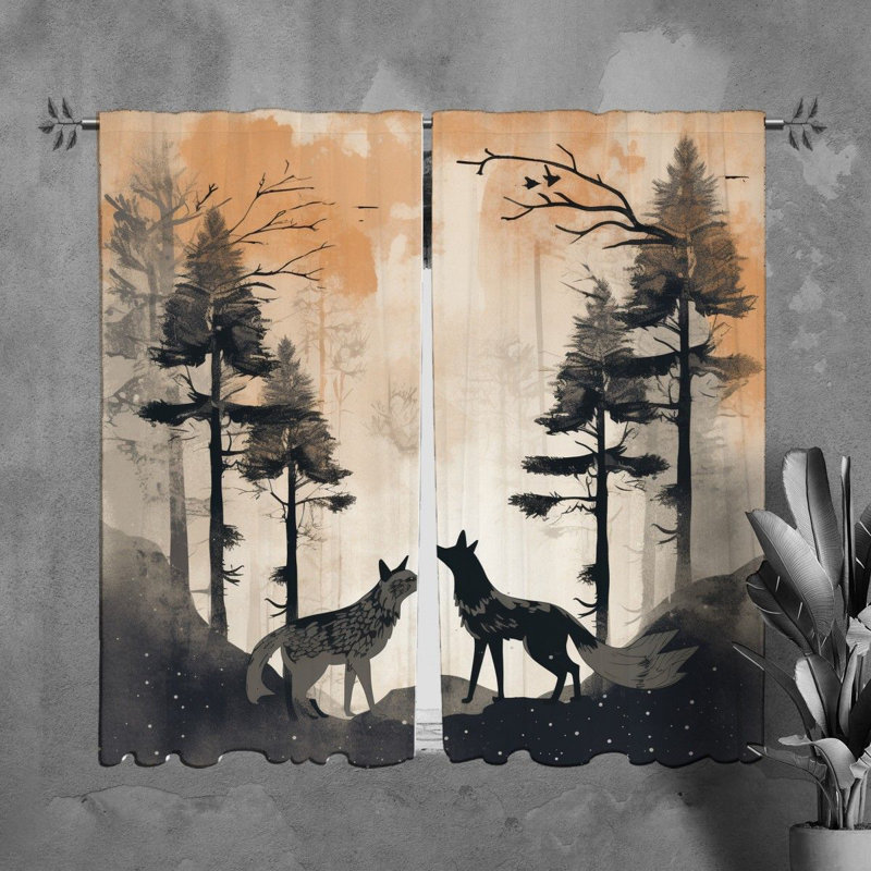 Fox Window Curtains Animals Black Drapes, H 82 po x l 20 po