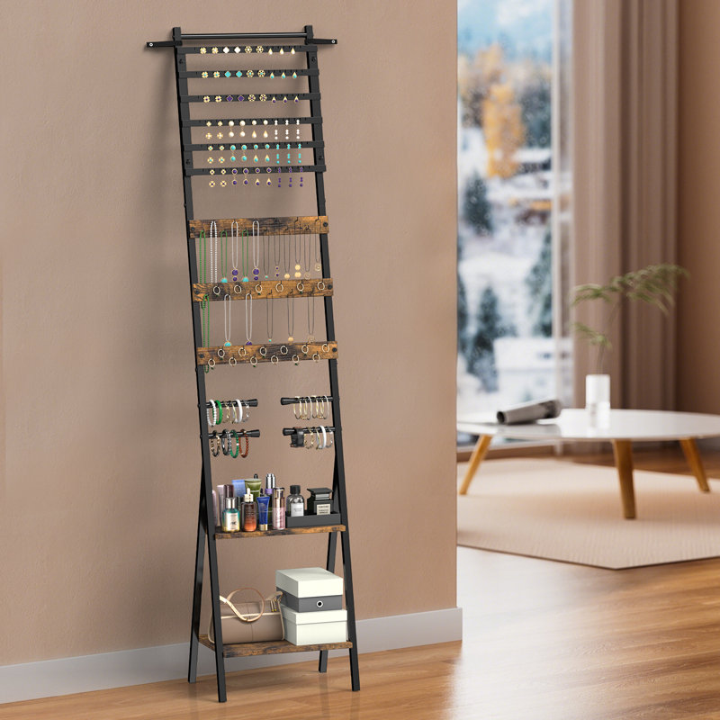 Burned Finish Wall-Leaning Ladder Jewellery Organizer, Brown