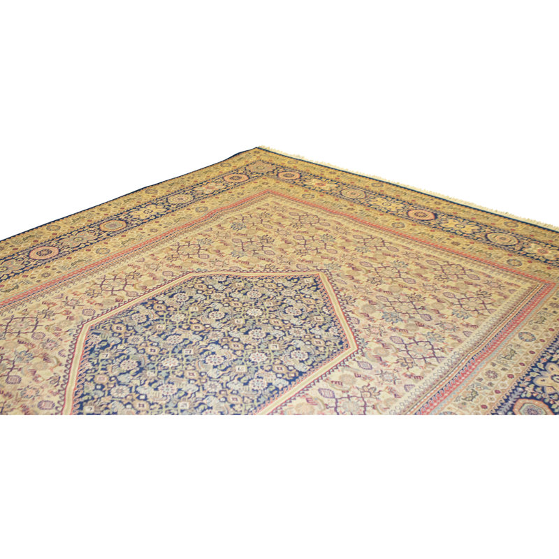 Tapis beige et bleu marine de haute qualité noué à la main
