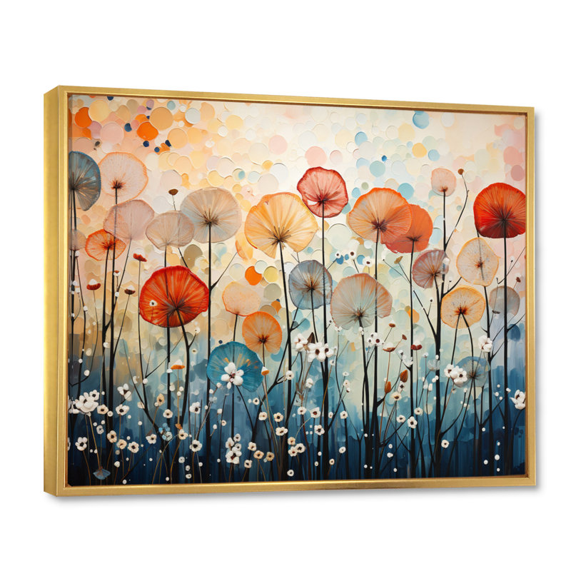 Coral Dandelion Floral Symphony II - Floral Wall Art Living Room, H 34 po x l 44 po x P 1,5 po, Cadre flottant doré