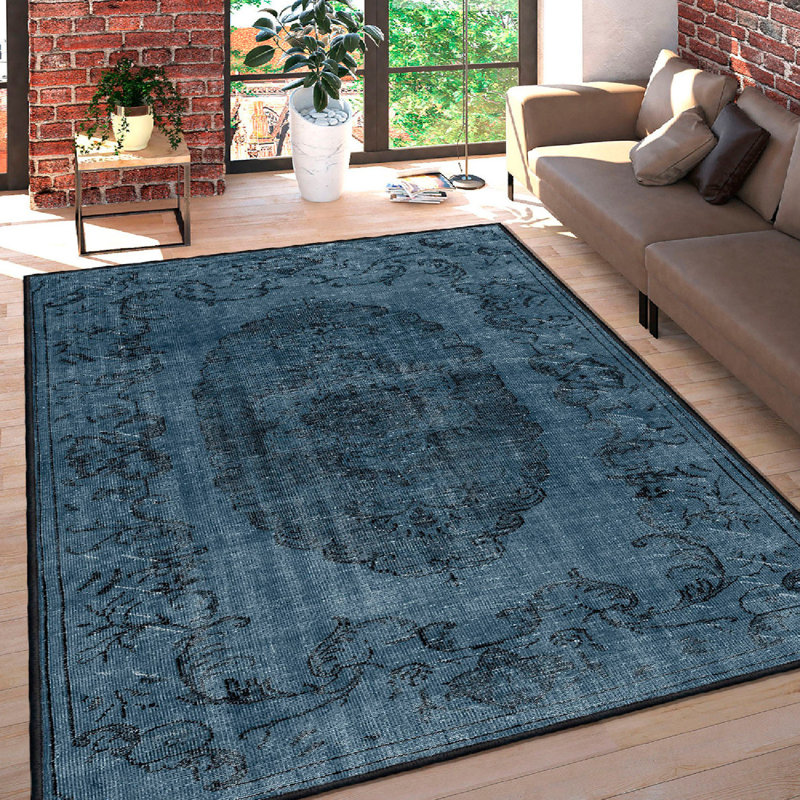 Premium Cotton Area Rug, Navy Blue & Black, 39.4 x 118.1 inches | 100% Cotton, 1.4 lbs/sq ft, Pile Height: 0.4 inches | Antibacterial, Non-Slip PVC Underside, Machine Washable for Easy Care | Perfect for Living Room & Bedroom Décor