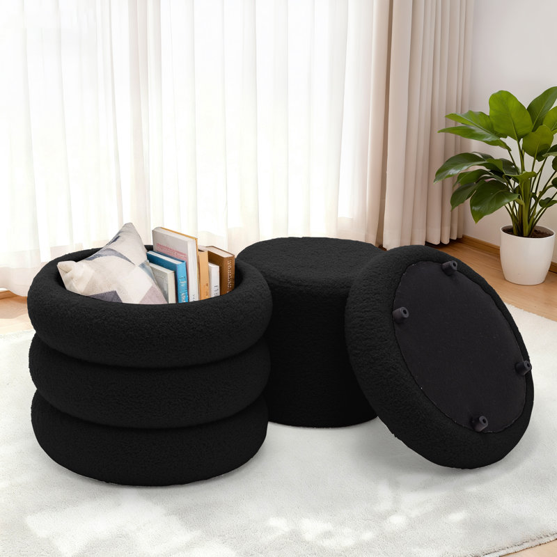Round Ottoman , Teddy Velvet Upholstered Ottoman With Storage， Ottoman for Living Room and Bedroom(set of 2), Black