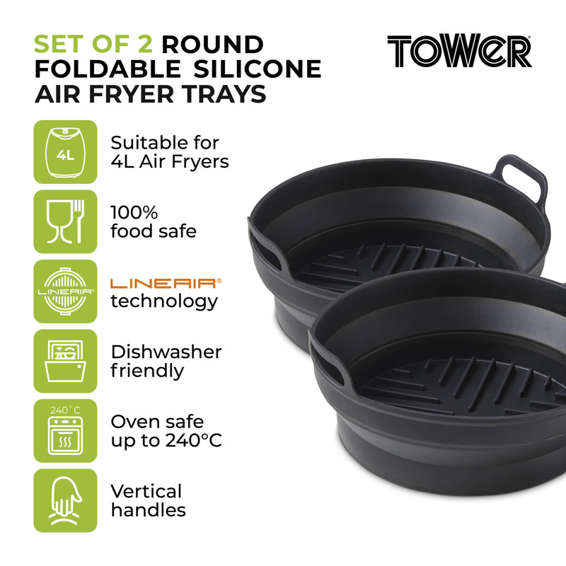 Tower T843090 Round Air Fryer Trays, Set of 2 Circular Reusable Silicone Liners, Suitable for Most Air Fryers 4 litres and Above Including Tower Vortx and Ninja Foodi, Non-Stick, Dishwasher Safe