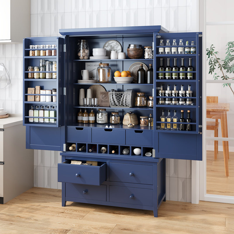 Grande armoire de rangement autoportante en bois avec 8 portes, 3 tablettes réglables, 7 tiroirs et 8 supports à vin, Bleu