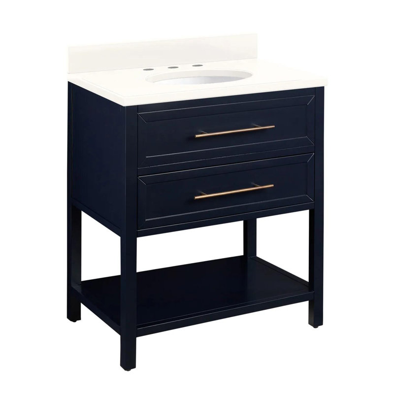 30" Robertson Single Bathroom Vanity Set with Oval Undermount Sink, 8" Widespread, Arctic White Quartz, Midnight Navy Blue