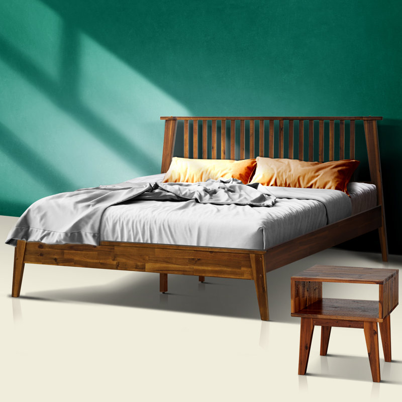 Kaylin Solid Wood Platform Bed Frame & Matching Nightstand, Scandinavian Rustic Style, 800 lbs Capacity, No Box Spring, Easy Assembly