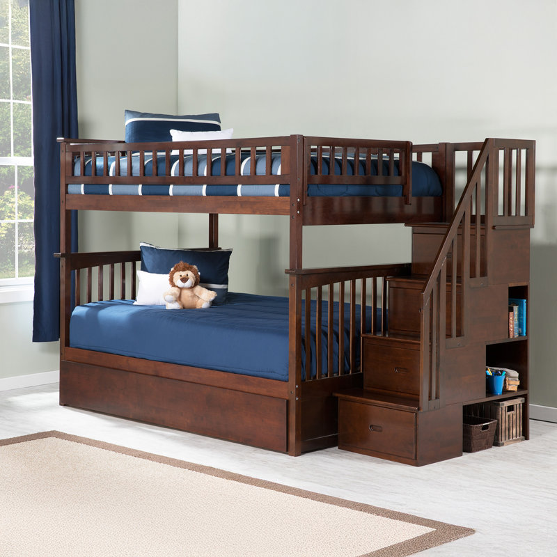 Blaisdell Solid Wood Storage Staircase Bunk Bed with Roll Out Trundle, Walnut, Full over Full