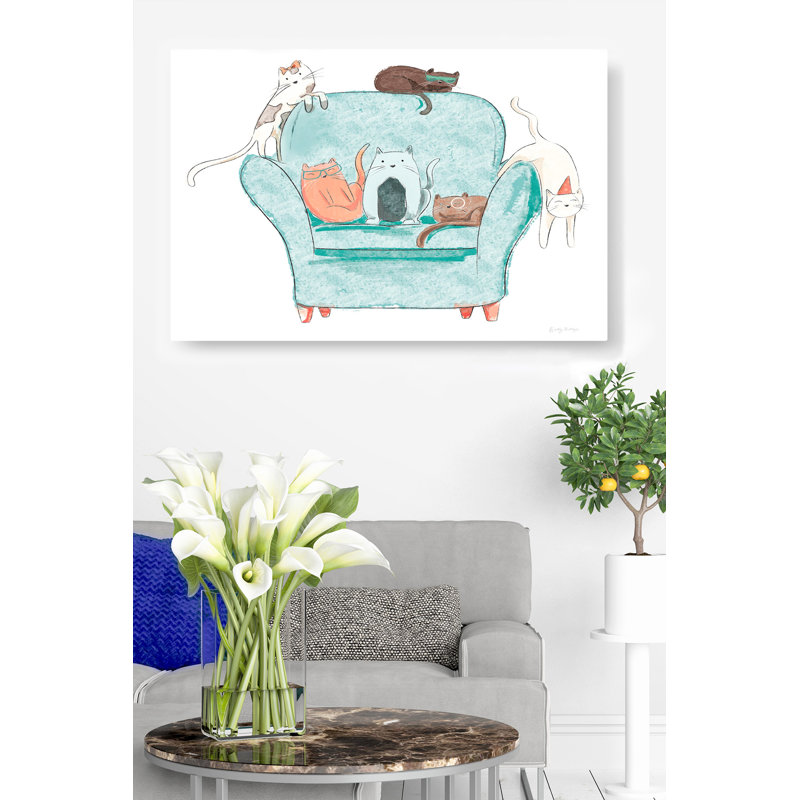 Chats en peluche ludiques, Chats sur une chaise, Mignon, Fantaisiste, Vert, Orange, Blanc, Brun, Sur blanc