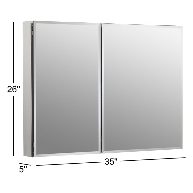 CLC Aluminum Two-Door Medicine Cabinet With Mirrored Doors, Beveled Edges, 26" H x 35" W x 5" D