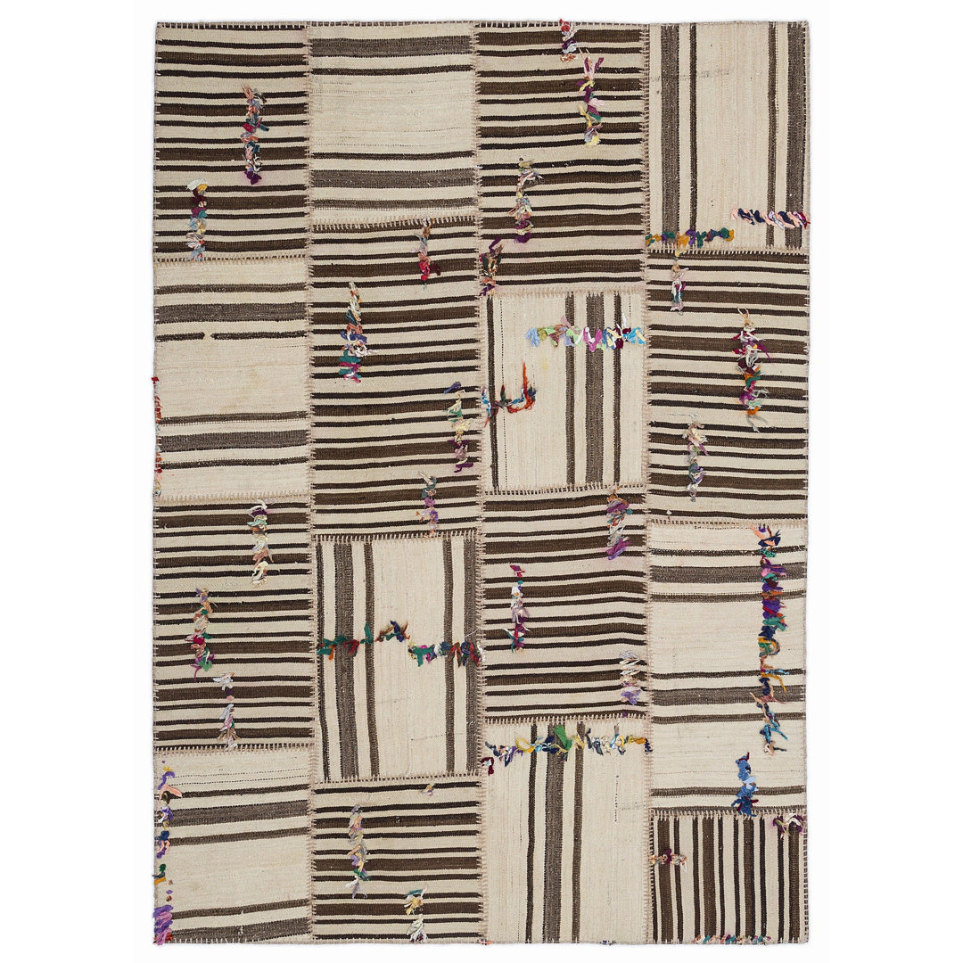 Teselya Beige Striped Wool Handmade Area Rug