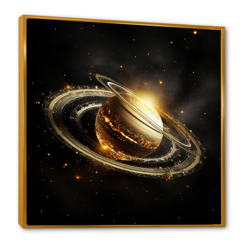 «Black Saturn Triple ceinture» - art mural de la planète espace, Cadre flottant doré, H 36 po x l 36 po x P 1,5 po