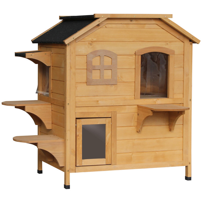 Enclos pour chat en bois résistant aux intempéries de 2 étages avec porte de secours, toit ouvrable, plateformes de saut, naturel (capacité de 1 à 2 chats)