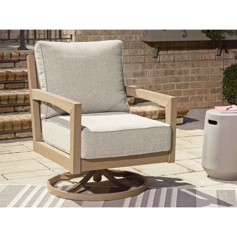 Blond Wood Outdoor Swivel Lounge Chair with Cushions