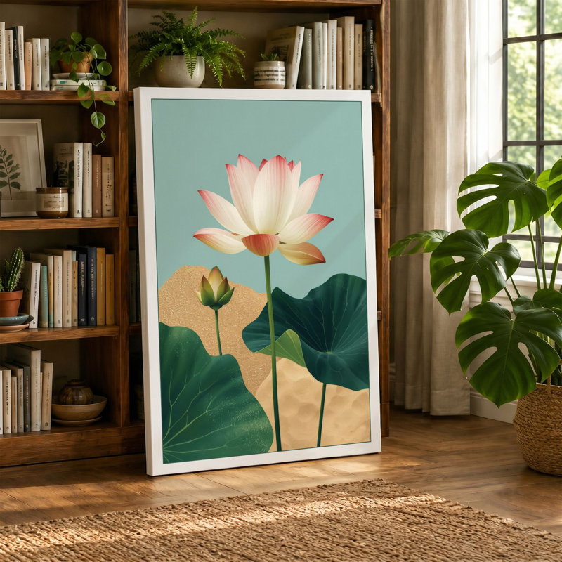 Lotus in Bloom Botanical - Wrapped Canvas, 36x24 - 91.4 x 61.0 cm, Teal Border