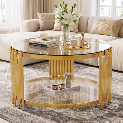 31.5" Wide 2-Tier Round Glass Top Coffee Tables with Storage For Living Room Center Table Living Room Table