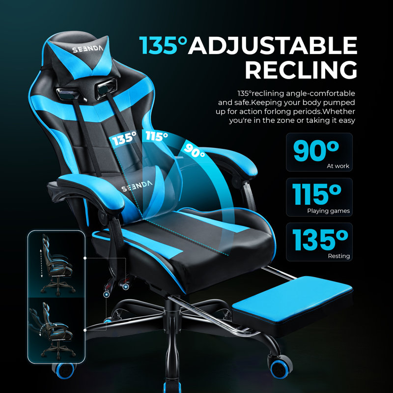 High-Back Adjustable Reclining Ergonomic Faux Leather Swiveling Pc & Racing Gaming Chair With Footrest, Black/Blue