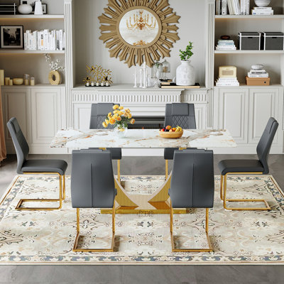 71" Modern Dining Table Set With PU Leather Chairs, Rectangular Table With Gold Metal Base For Dining Room Or Kitchen