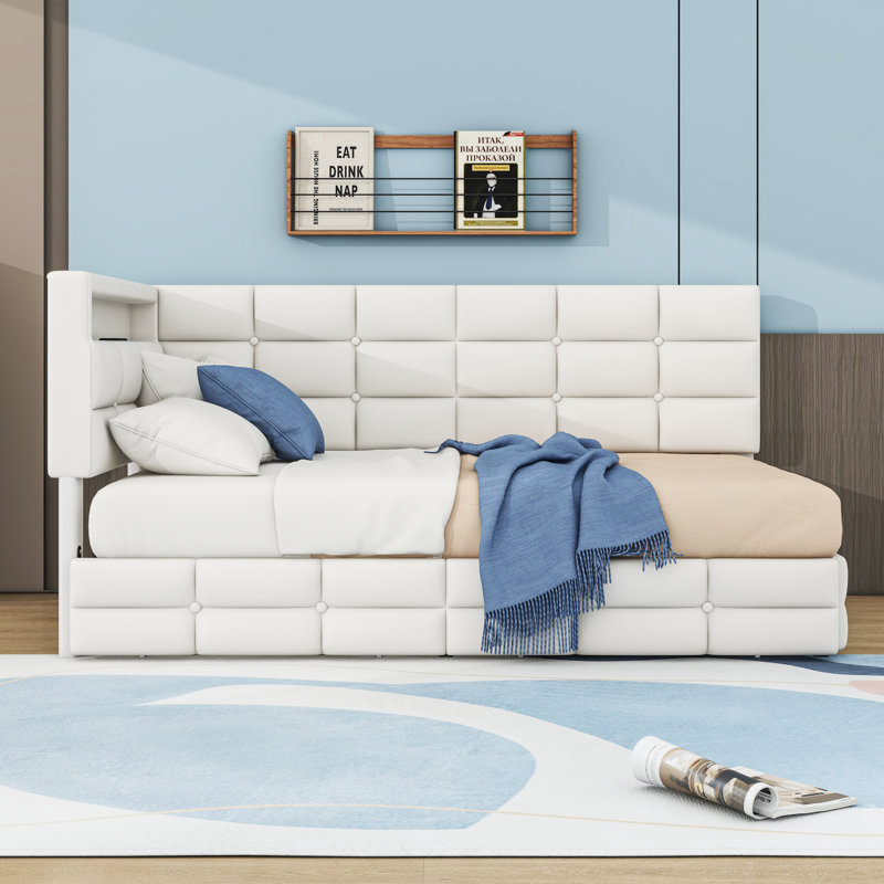Twin Upholstered Daybed with 2 Drawers and Charging Station and LED, Beige