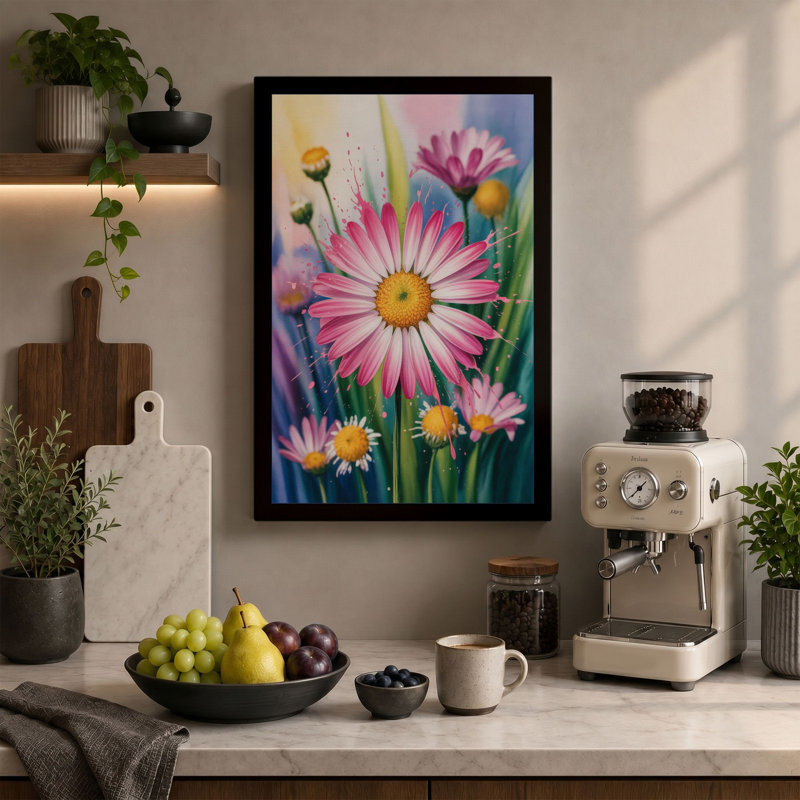 Pink Daisy Garden Botanical - Wrapped Canvas, 36x24 - 91.4 x 61.0 cm, White Border