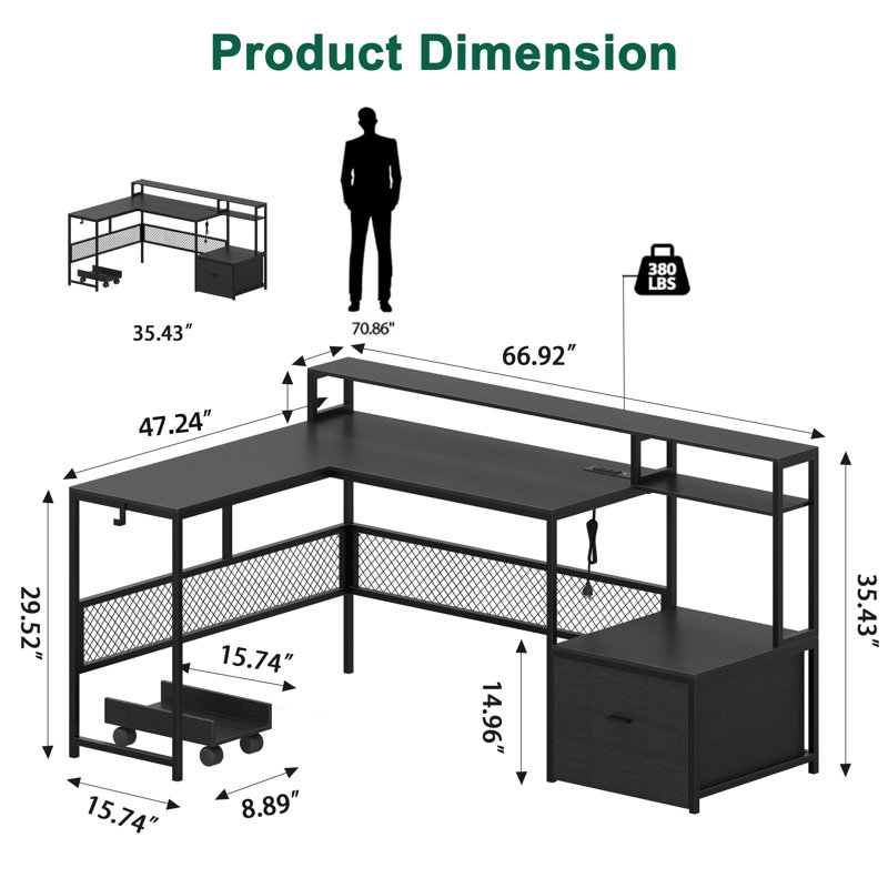 Mehalek L-Shaped Computer Desk with Power Outlet, Black
