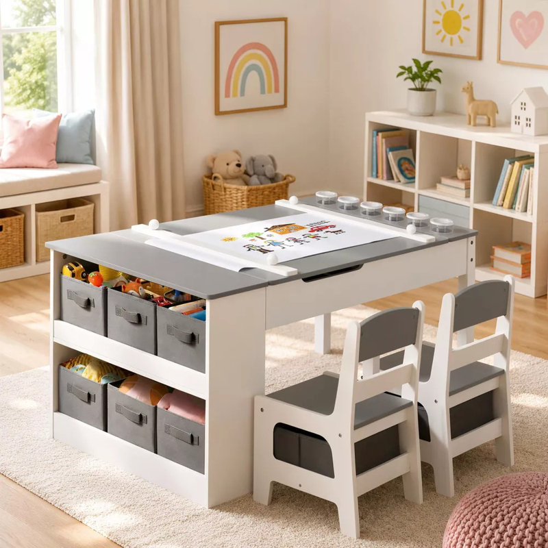 Ensemble de table et chaises d'activités pour enfants 3 en 1 avec rouleau de papier à dessin et rangement