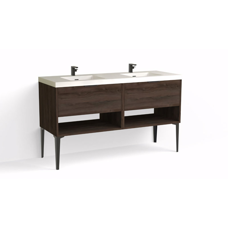 Modo 60" W Freestanding Double Bathroom Vanity with Dean Leg, White Acrylic, Gloss White/Single, Matte Black