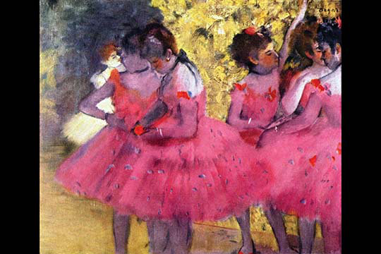 « danseurs en rose entre les scènes » par edward degas, reproduction d’art, H 24 po x l 36 po x P 1,5 po