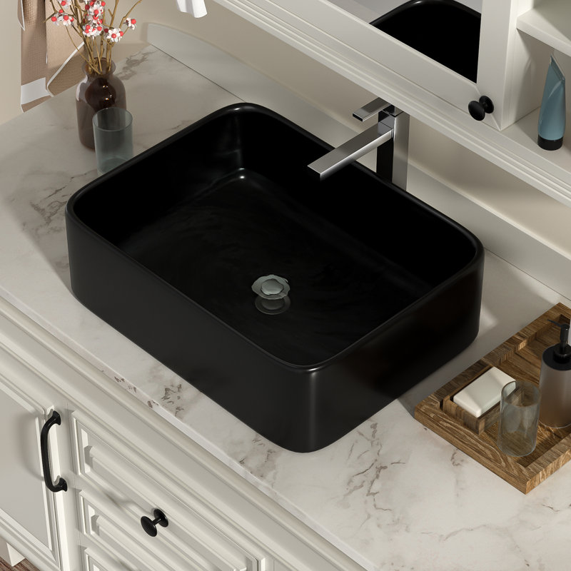 Lavabo de salle de bain vasque rectangulaire en céramique blanche L 24 po x l 15 po, Noir mat, L 16 po x l 12 po
