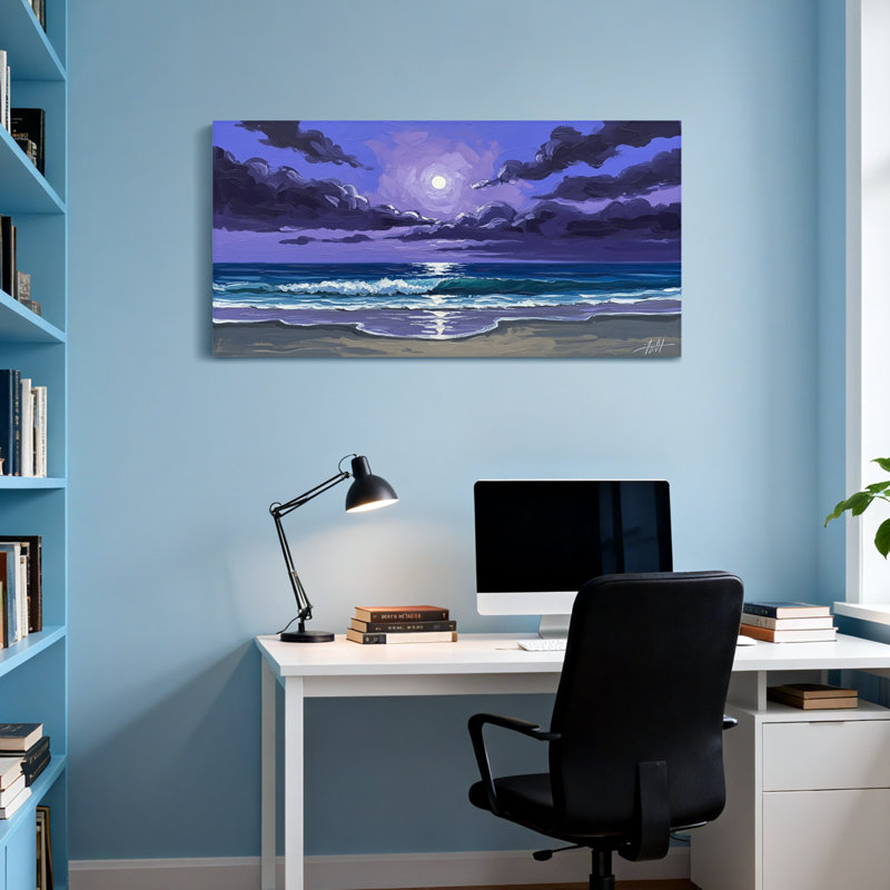 Nautique et plage, éclairé par la lune, océan, vagues, ciel nocturne, nuages, scène de plage, H 16 po x l 32 po