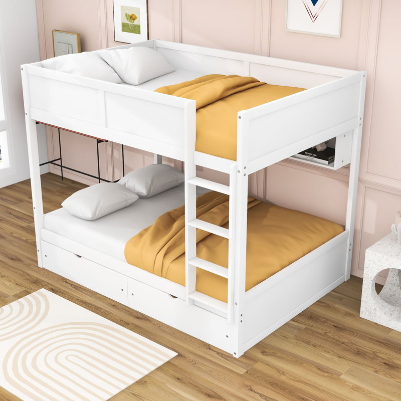 Full XL over Full XL Bunk Bed with Ample Storage Drawers and LED Light, White