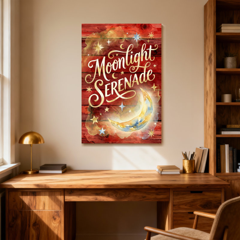 Saint-Valentin, clair de lune, sérénade, fond en bois, étoiles, croissant de lune, H 48 po x l 32 po