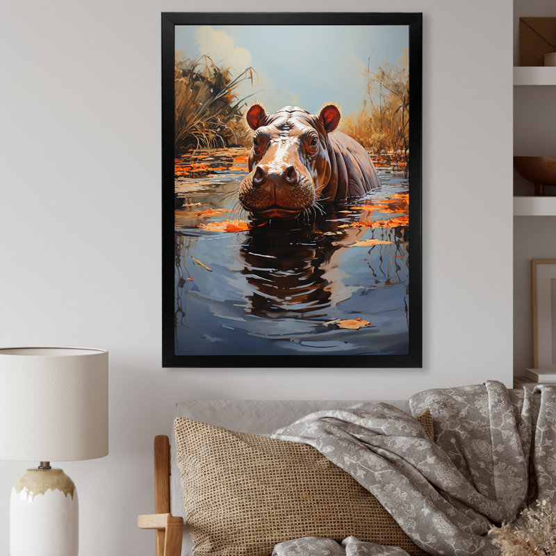 Hippopotame gris - Gardien de la savane I - Hippopotame, Encadrement doré, H 40 po x l 30 po x P 1,5 po