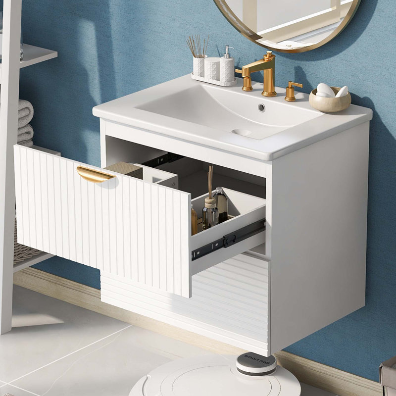 Meuble-lavabo mural moderne de 2 po avec 2 tiroirs Riddell - idéal pour les petites salles de bain, Blanc