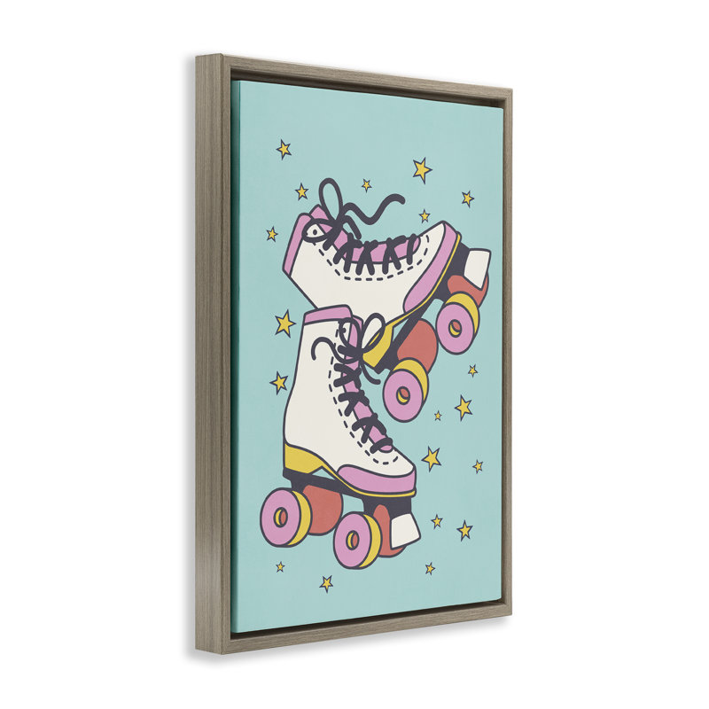 Toile flottante rétro avec patins à roulettes dorées par Nataly White, Cadre flottant orme Montalcino, H 31 po x l 21 po