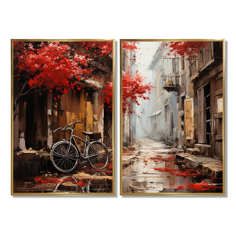 «Crimson Ride Red Flowers I» - Grand vélo, reproduction d'art sur toile, H 36 po x l 48 po, Doré