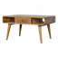 Table basse courbée en chêne-ish, 2 tiroirs, 2 fentes ouvertes, pieds nordiques, brun clair