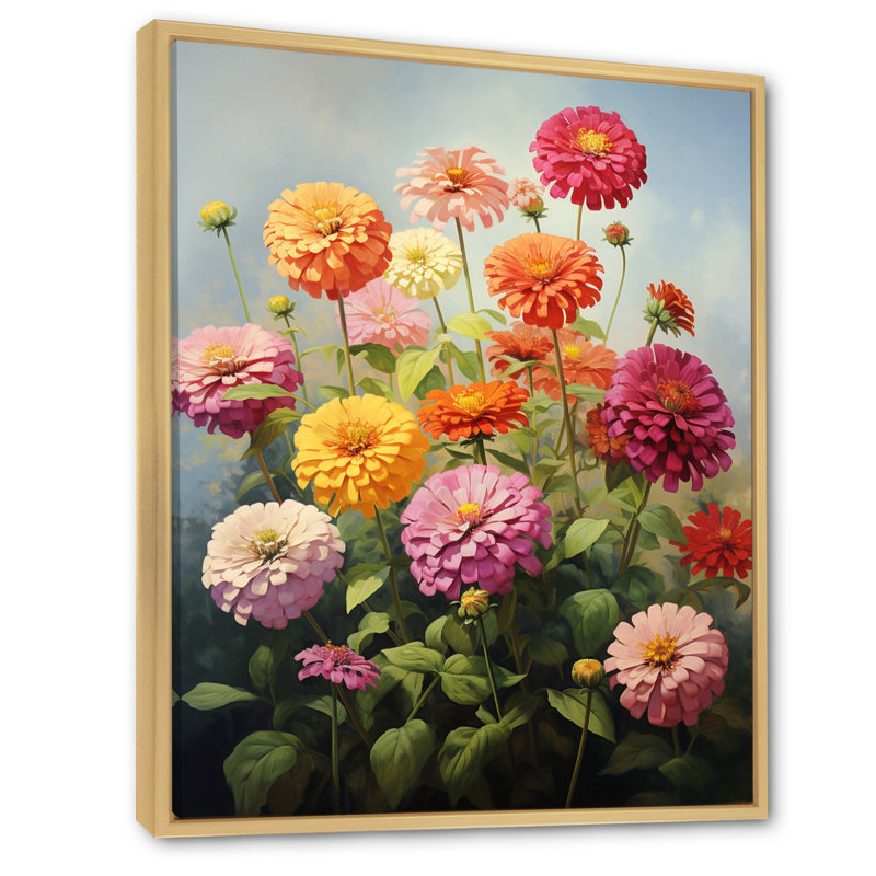Zinnias Romantic Impression, reproduction d'art sur toile, Cadre naturel flottant, 44" H x 34" W