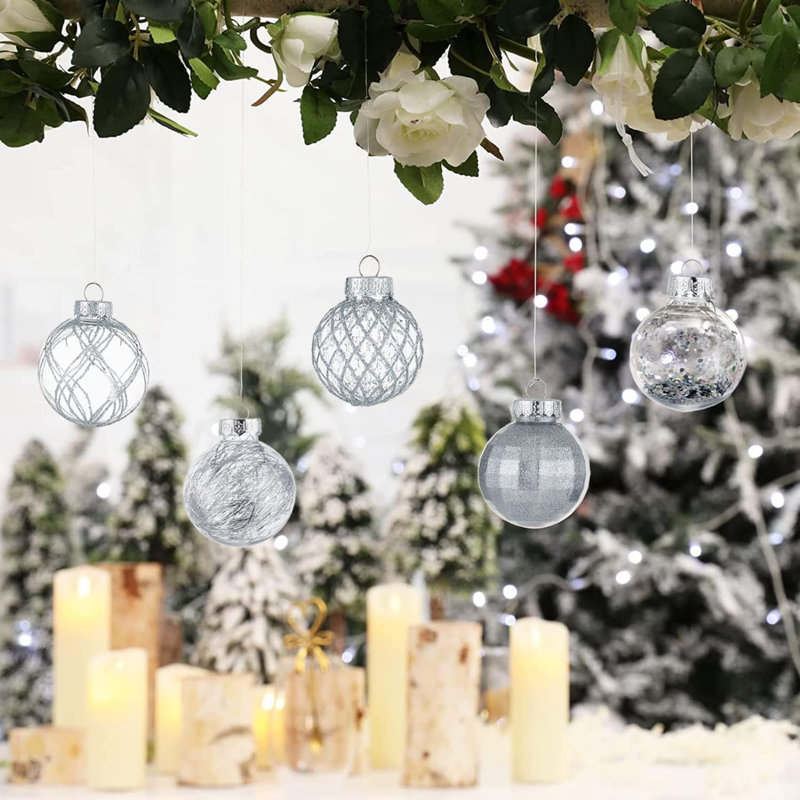Ornements en forme de boule de Noël 30 carats - 60 mm / 2,36 po, boules de Noël en plastique transparent incassables avec décorations d'arbre de Noël délicates et mousseuses (argent)