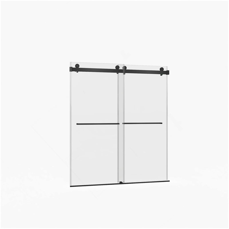 Porte de douche coulissante double sans cadre de 56 à 60 po x H 70 po, verre trempé clair de 5/16 po (8 mm) de large épaisseur, couche facile à nettoyer à double face, fini noir mat avec tampon