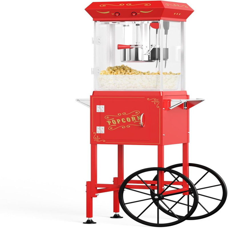 Machine à maïs soufflé rouge rétro avec chariot, capacité de 6 oz, acier inoxydable, cuillère à huile et casiers pour usage domestique ou commercial - style cinéma rétro