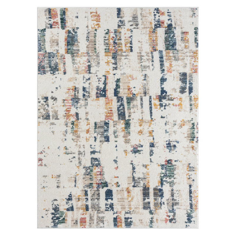 Abstract Ivory/Blue/Gray High-Low Area Rug, Rectangle 5' x 7'