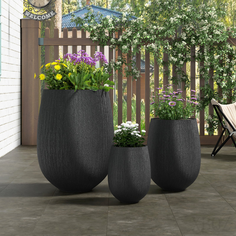 Ensemble de 3 pots à fleurs en forme d'œuf pour l'extérieur, léger et en forme de pierre, Black