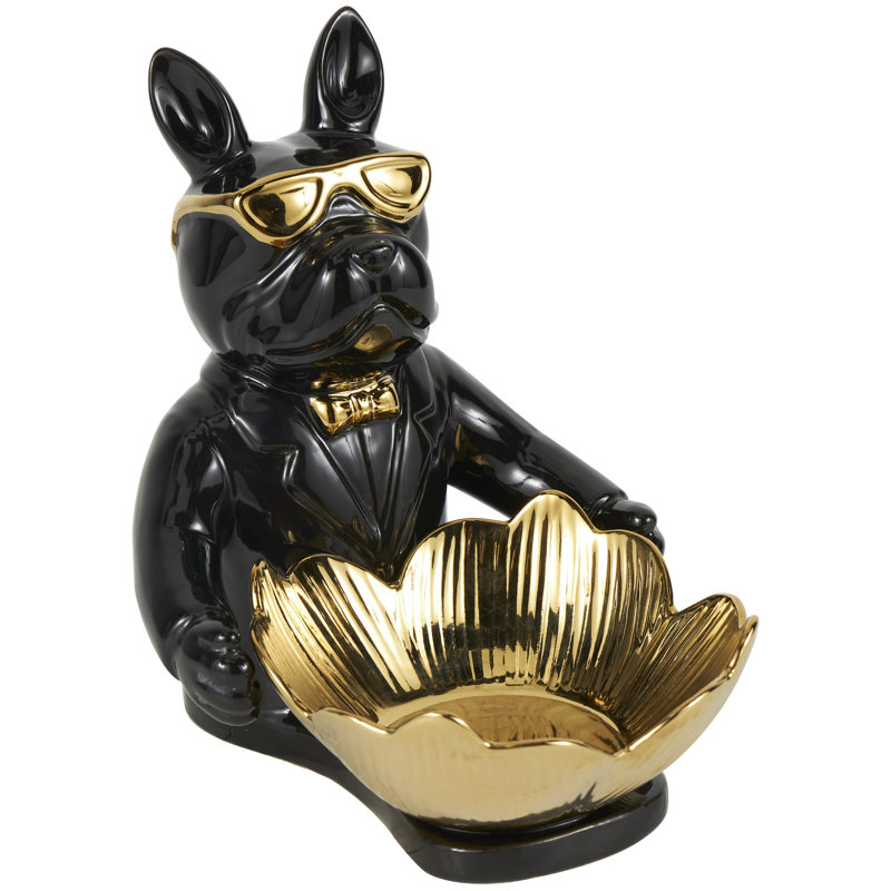 Sculpture Geordi Bulldog en céramique avec accents dorés, Noir, noir, noir, noir