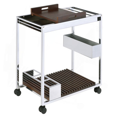Chrome And Brown Serving Cart With Stemware Shelf by George Oliver