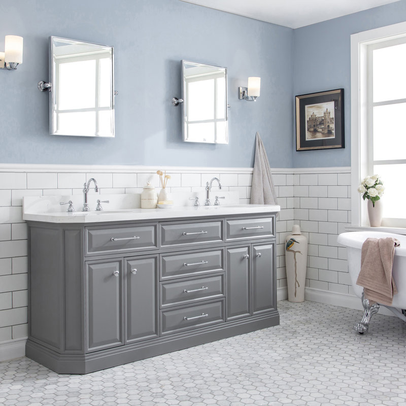 72" Palace Collection Quartz Carrara Cashmere Grey Bathroom Vanity Set With Hardware And F2-0012 Faucets in Chrome Finish