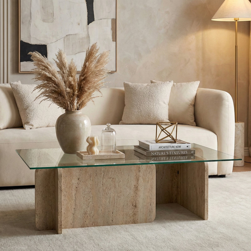 Rectangle Tempered Glass Coffee Table, Travertine, 11.8" H x 41.3" L x 25.6" W