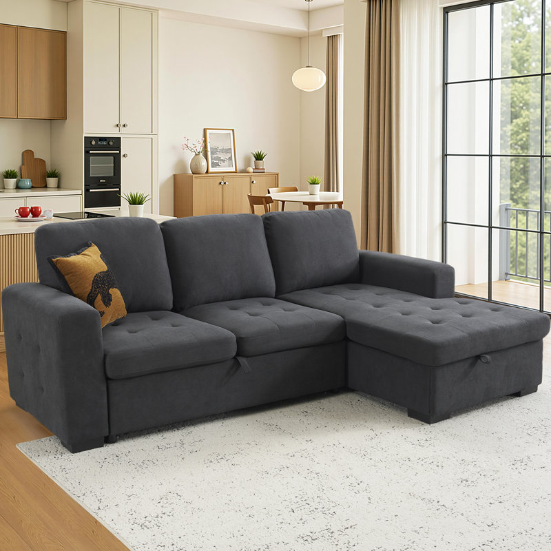 96 Inch Linen L Shaped Sleeper Sofa Bed, Storage & Thick Armrest, Tufted Oversized Couch, Noir