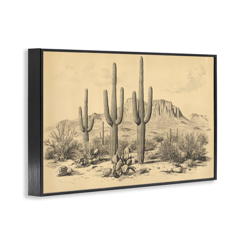 Cactus, paysage rétro, estampe numérique, design par Petal Prints Design, H 12 po x l 18 po, Giclée encadrée noir minuit