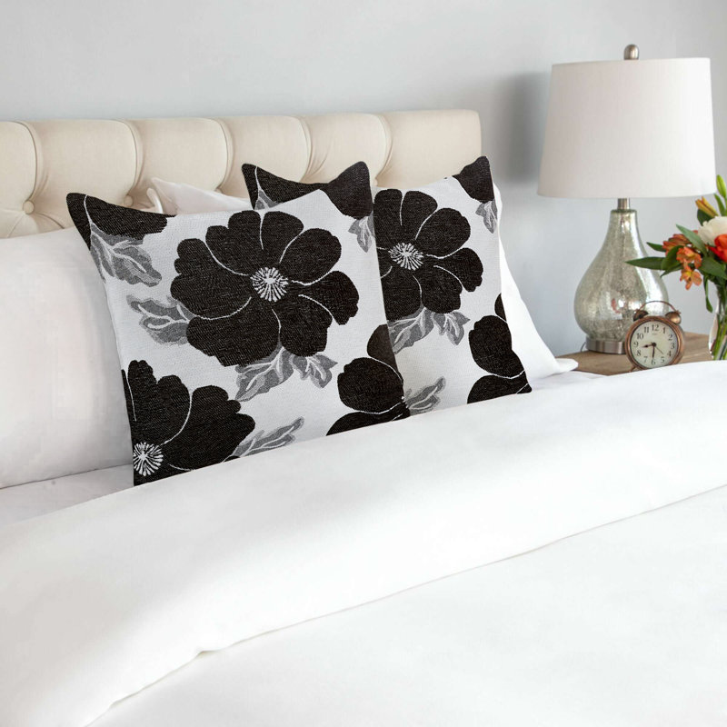 Darionte Floral Square Throw Cushion, Black/Silver/Grey