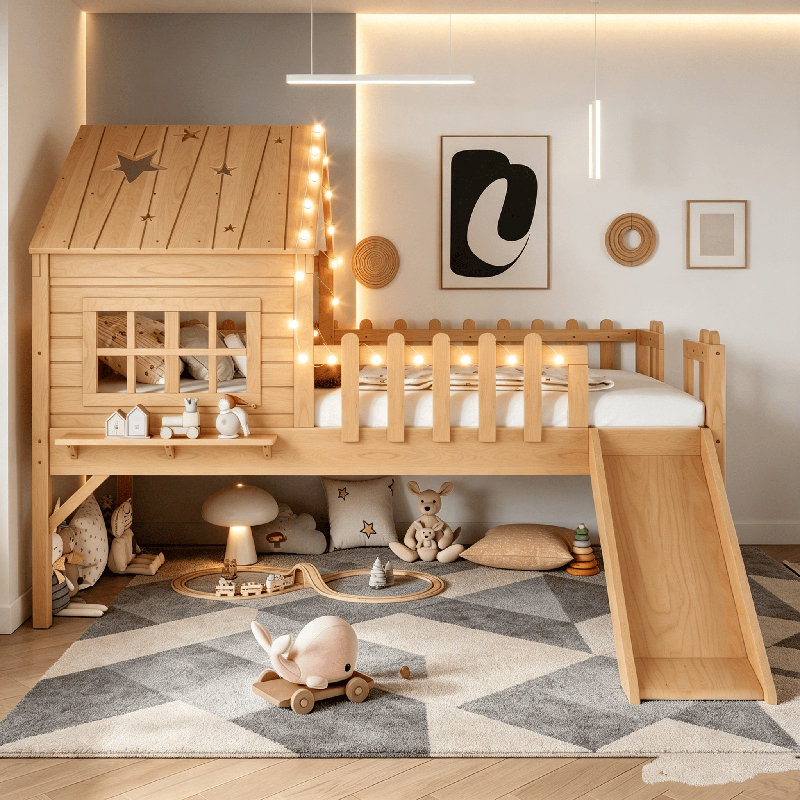 Lit mezzanine House, lit mezzanine en bois avec glissade, lumières DEL et fenêtre, lit maisonnette, lit d'enfant Playhouse, aucun sommier nécessaire, cadre de lit mezzanine Playhouse pour petite chambre d'enfant